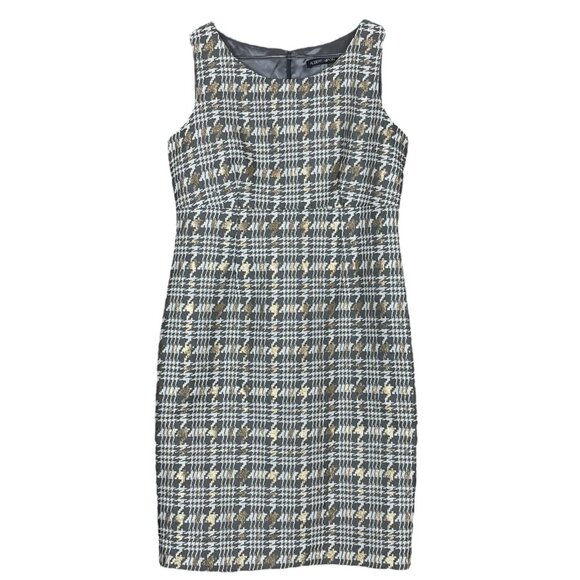 Albert Nipon Houndstooth Plaid Metallic Cocktail Dress Gray Gold Ivory Size 8
